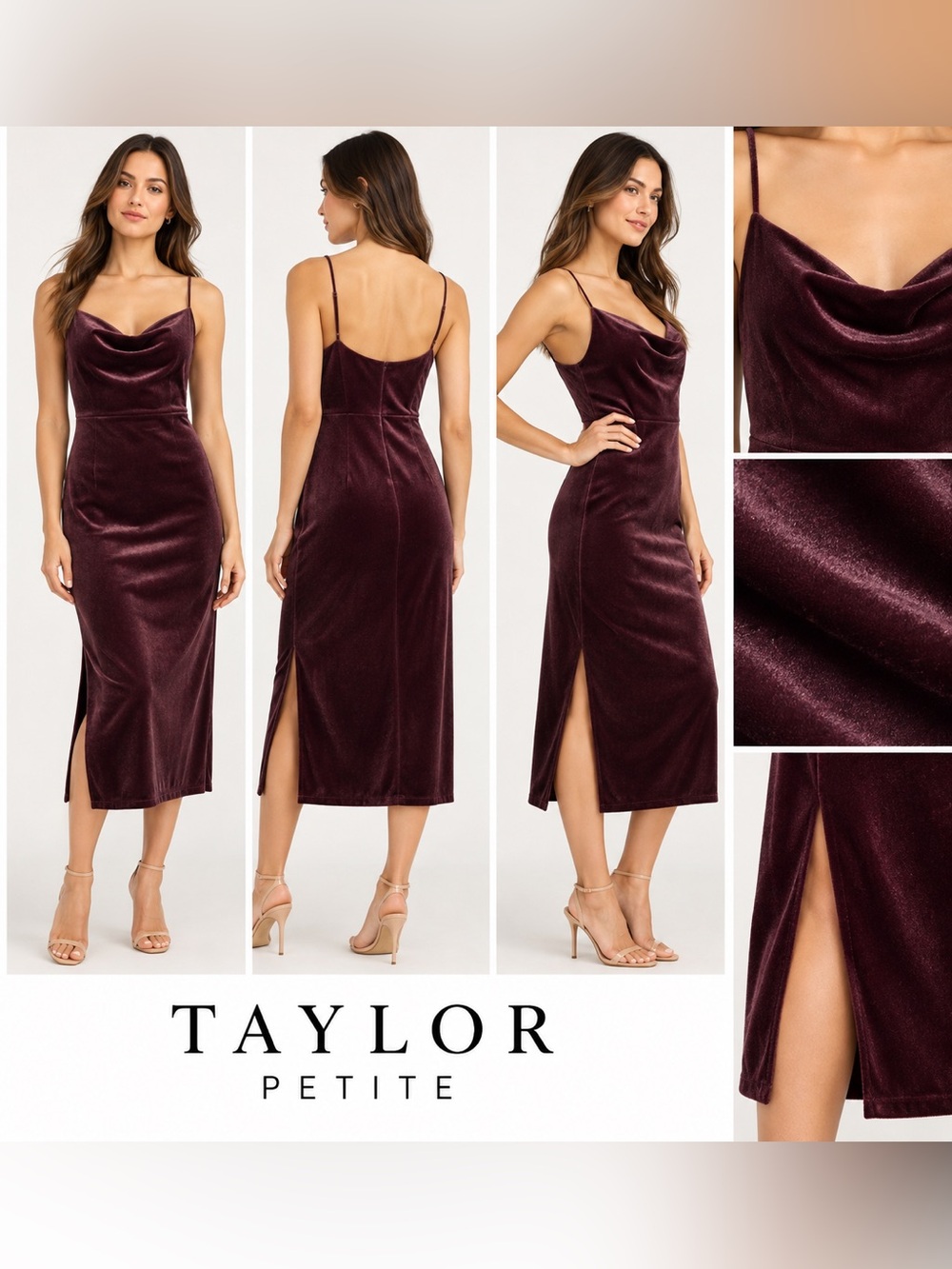 Taylor Petite Burgundy Cowl Neck Midi Dress Size 6P NWT Side Slit